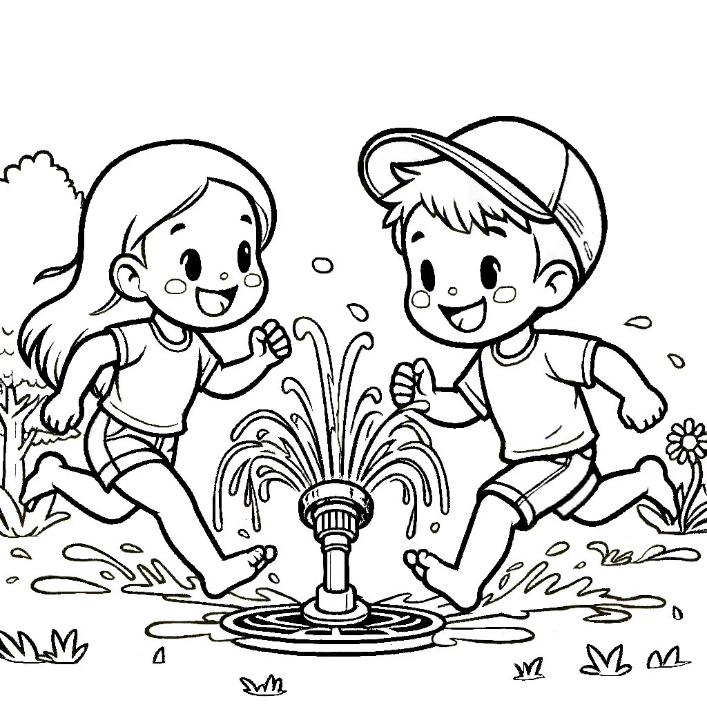 Boy and GIrl Playing Water Sprinkler in Summer ☀️💧👦👧 Coloring Page