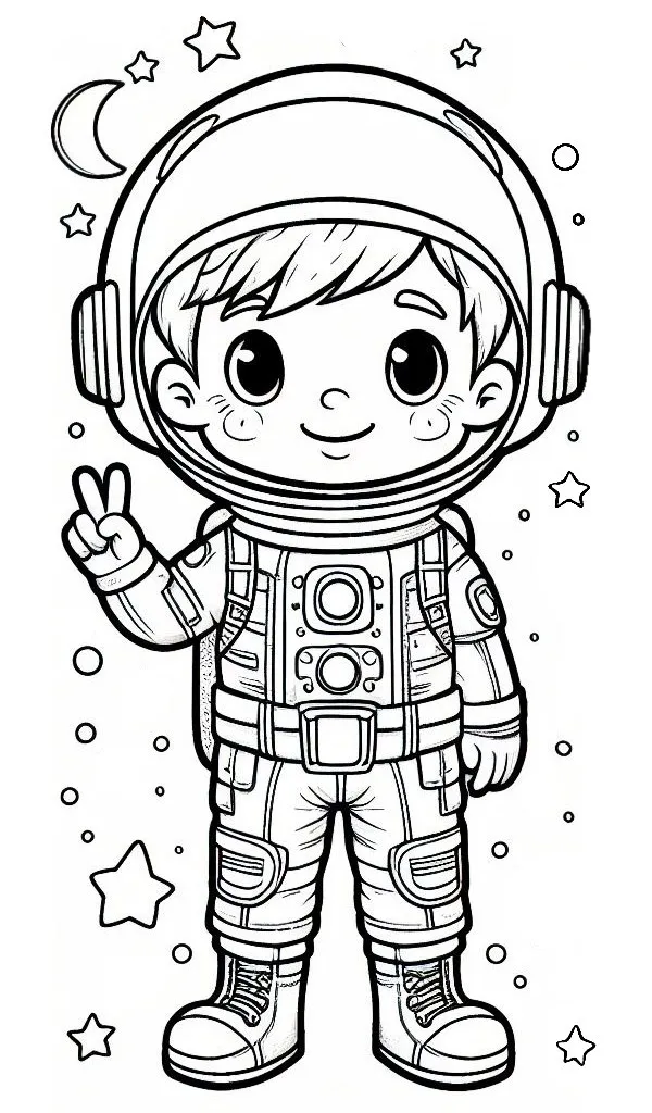 Boy in Astronaut Suit Peace Sign 🚀👨‍🚀🌌 Coloring Page