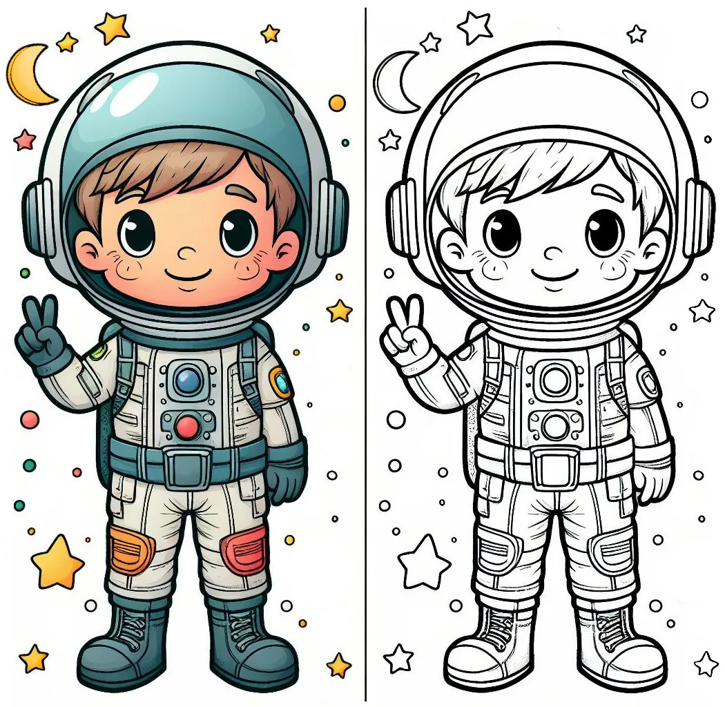 Boy in Astronaut Suit Peace Sign 🚀👨‍🚀🌌 Coloring Page