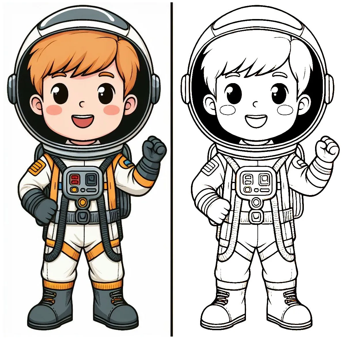 Boy in Astronaut Showing Fist 🚀👨‍🚀🌌 Coloring Page
