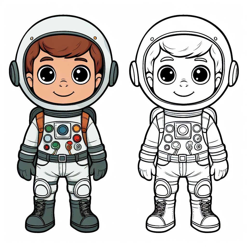 Boy in Astronaut Standing in Suit 🚀👨‍🚀🌌 Coloring Page