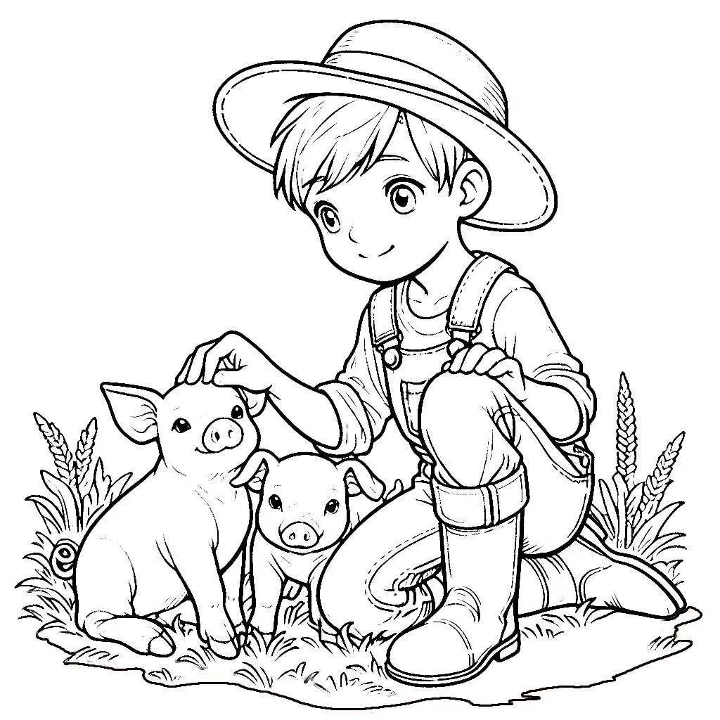 Farmer Boy with Hat Carressing Two Piglets Baby Pigs 🐷👦🌾 Coloring Page