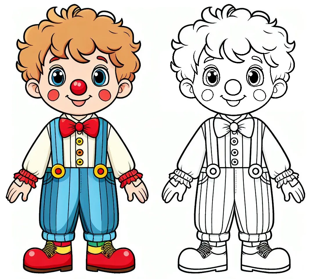 Boy Clown with Red Bow 🤡🎀🎈 Coloring Page
