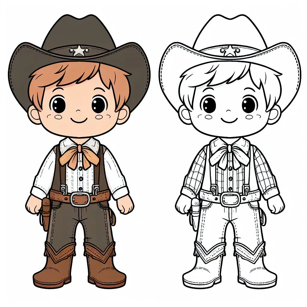 Boy Dressed Up as Cowboy with Hat with Sheriff Star 🌟🤠👮‍♂️ Coloring Page