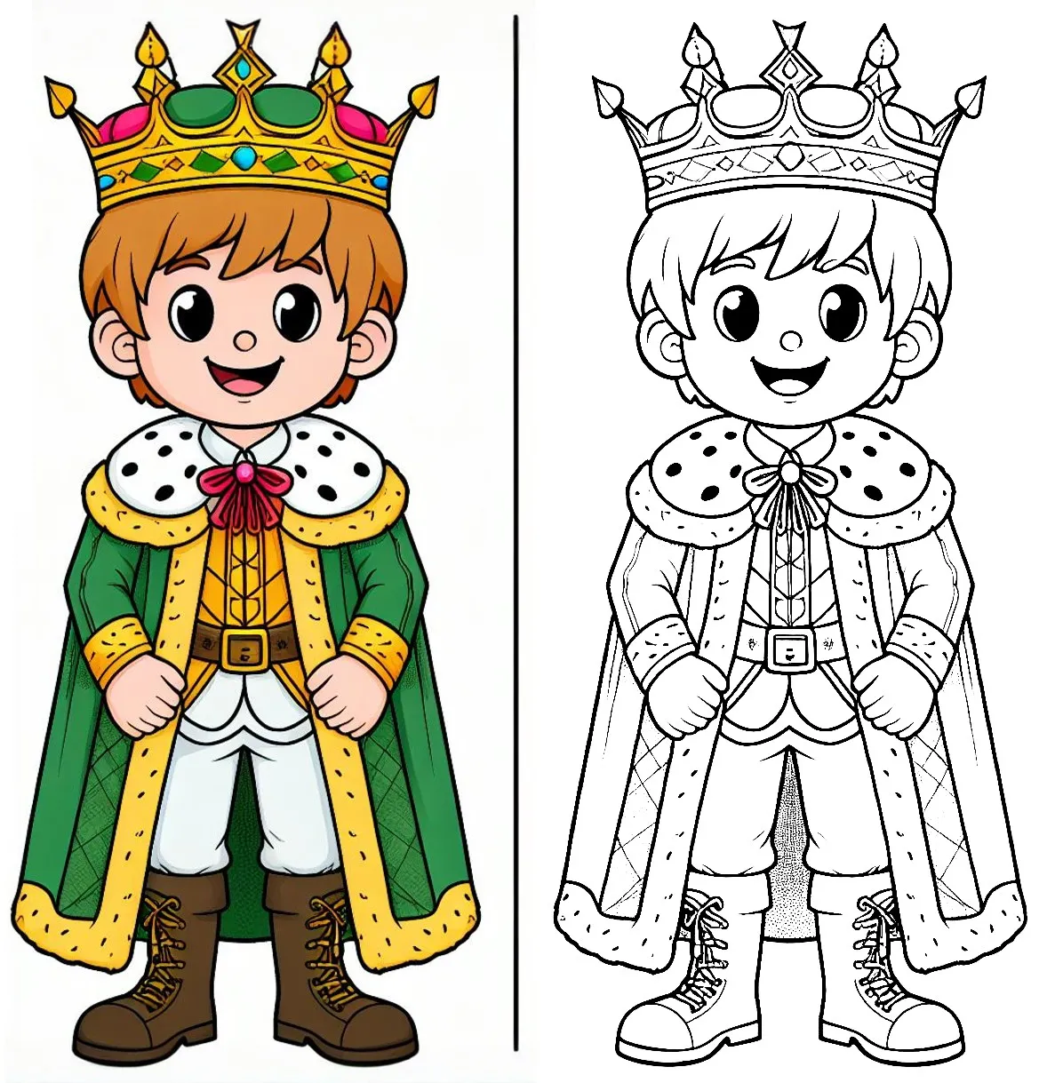 Boy Dressed Up as a King for Carnival with Green Cape 👑🎉 Coloring Page