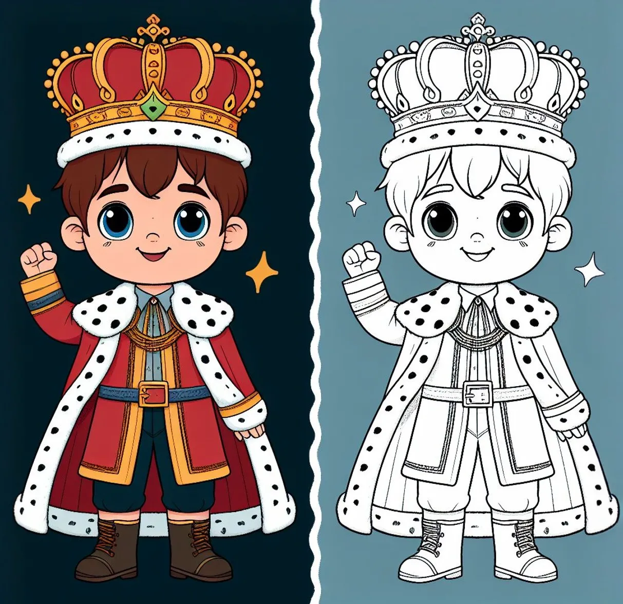 Boy Dressed Up as a King for Carnival with Red Cape and Crown 👑🎉 Coloring Page
