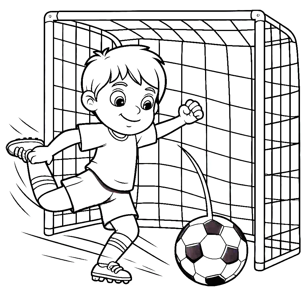 Boy Kicking Soccer Ball at Goal ⚽🥅 Coloring Page
