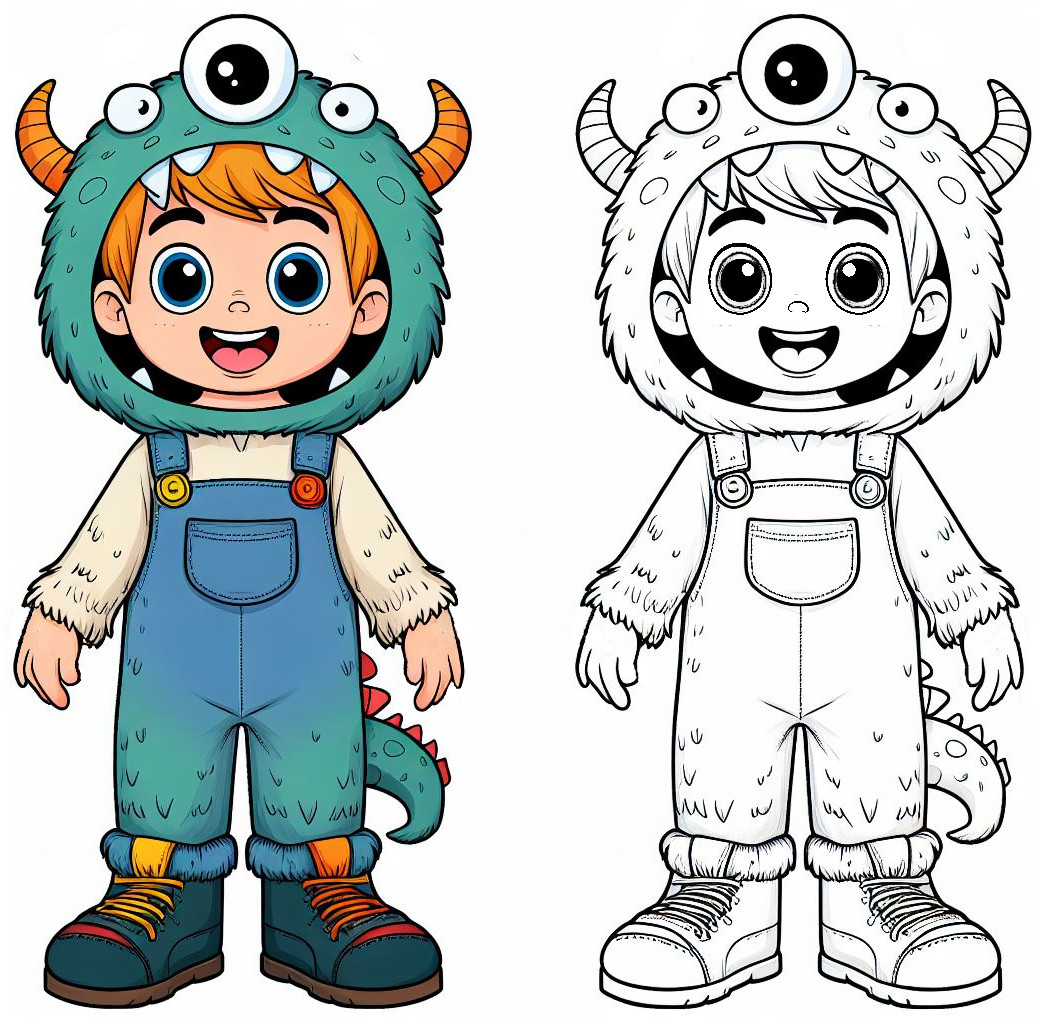 Boy in Monster Suit for Carnival with  Eyes 🎭👹🎉 Coloring Page