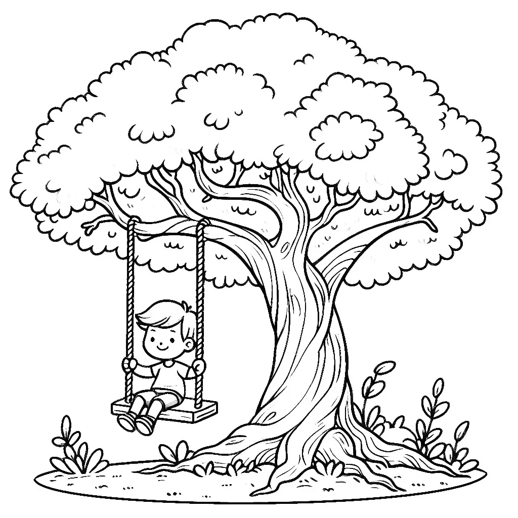 Boy on Swing on Beautiful Tree 🌳👦😊 Coloring Page