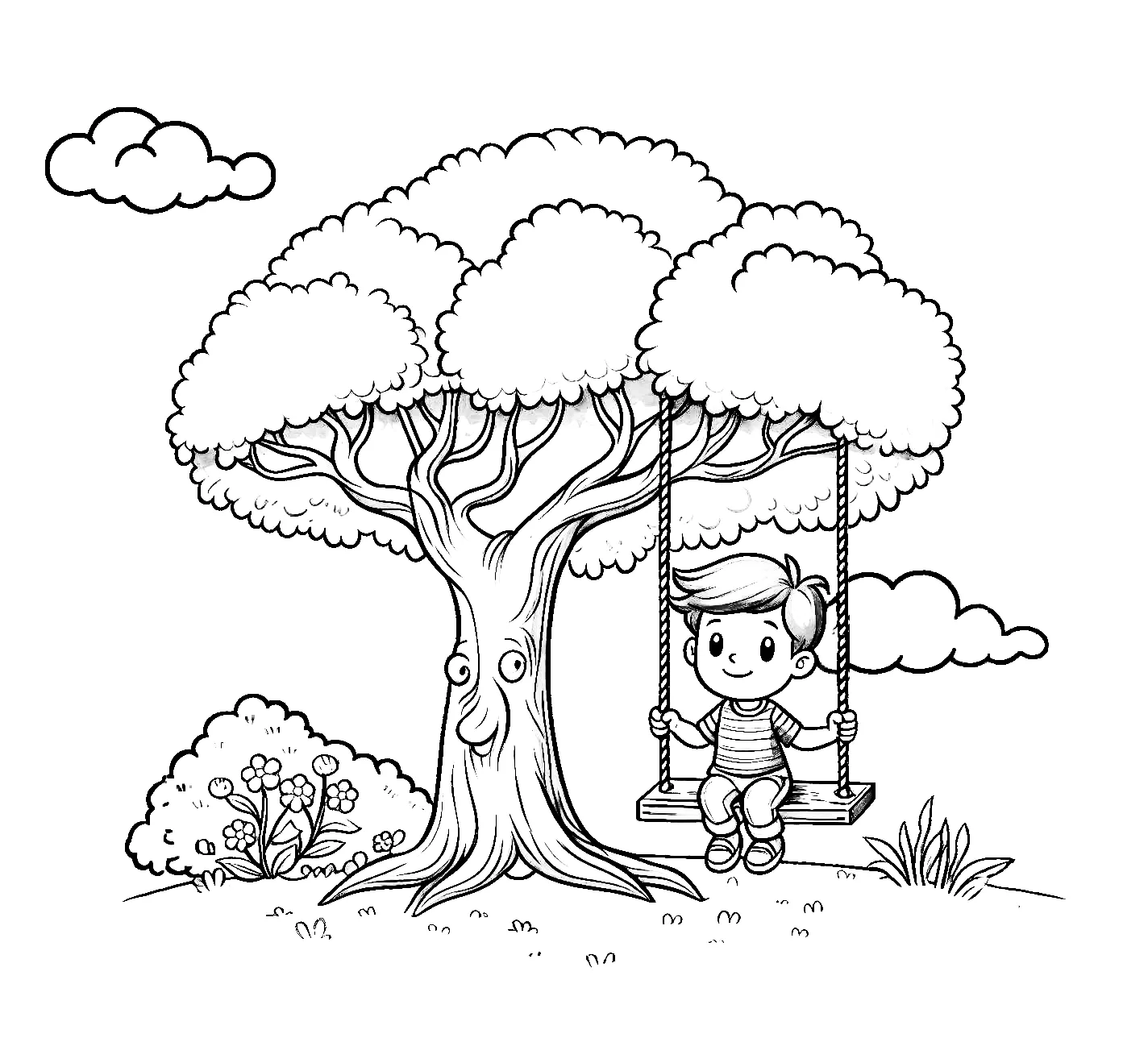 Boy on Swing on Tree with Face Looking at the Boy 🌳👦😊 Coloring Page