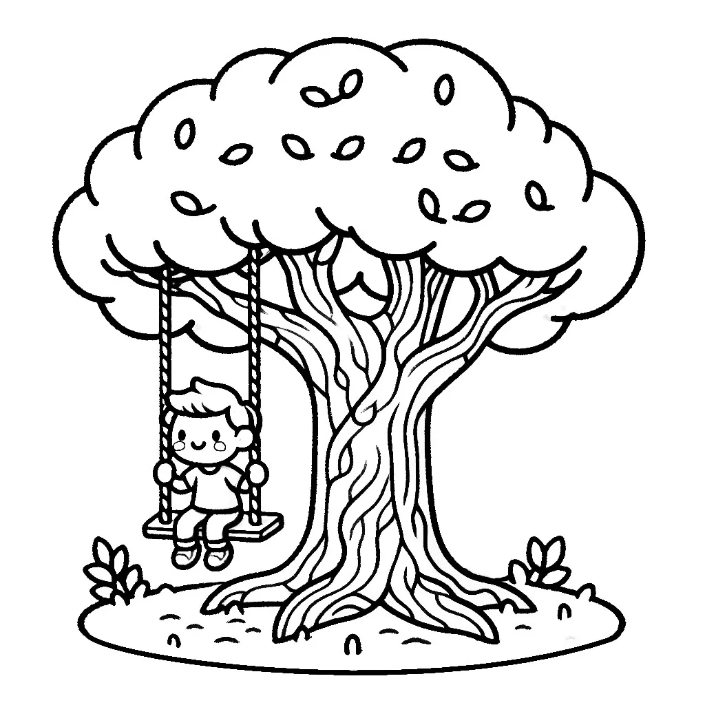 Boy on Swing on Tree 🌳👦🎉 Coloring Page