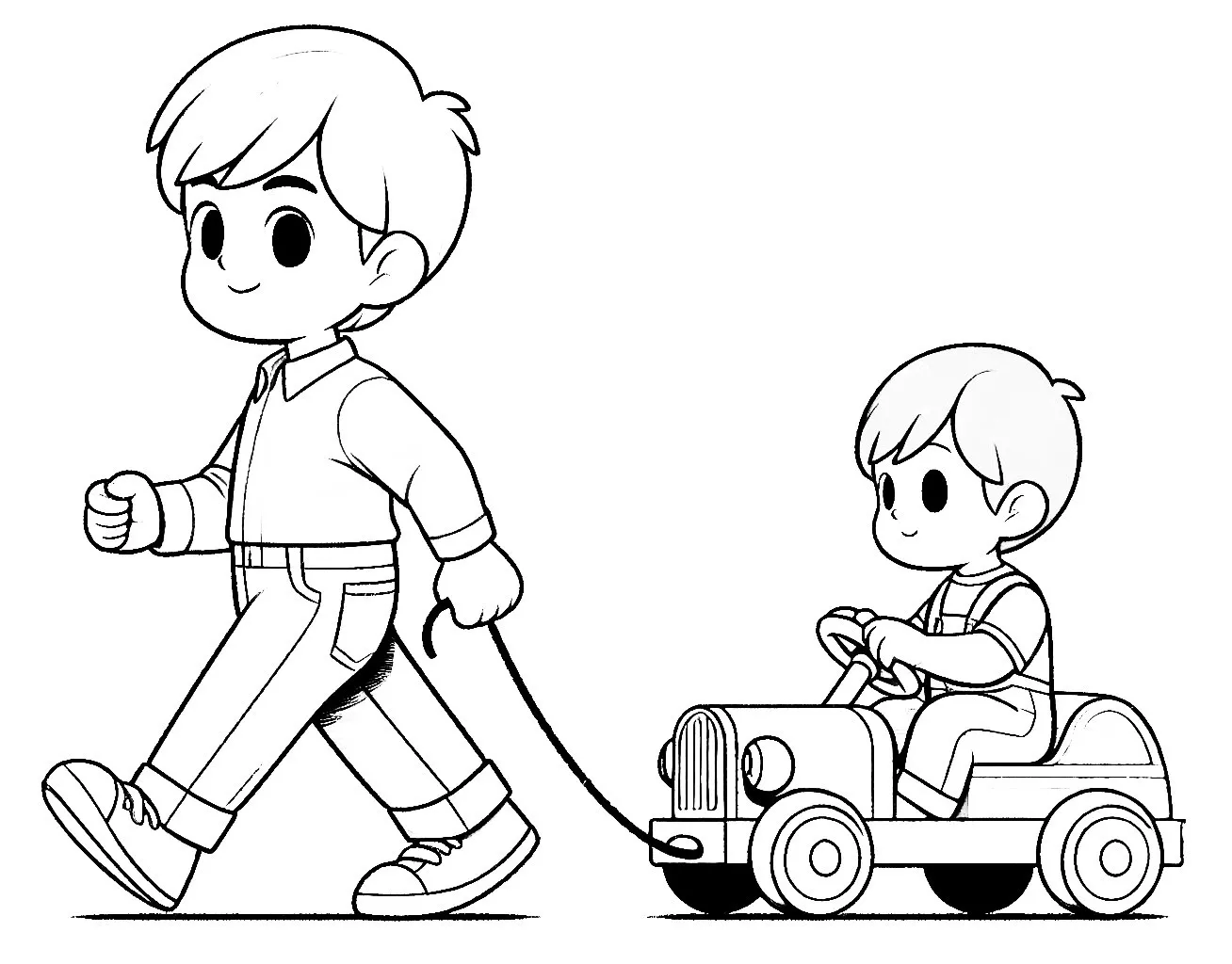 Boy Pulling his Brother in a Wooden Car 🧒🚗🌟 Coloring Page
