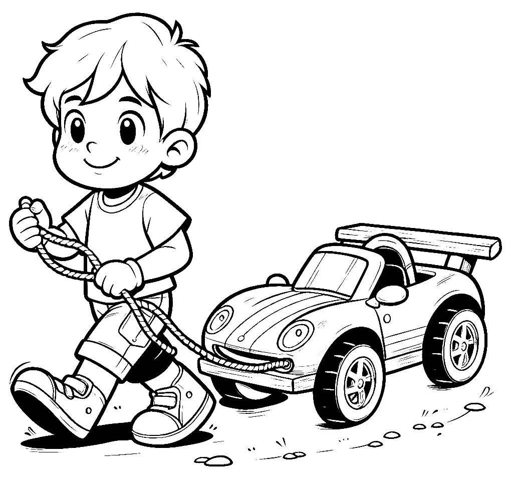Boy Pulling Large Toy Sports Car 🏎️👦 Coloring Page