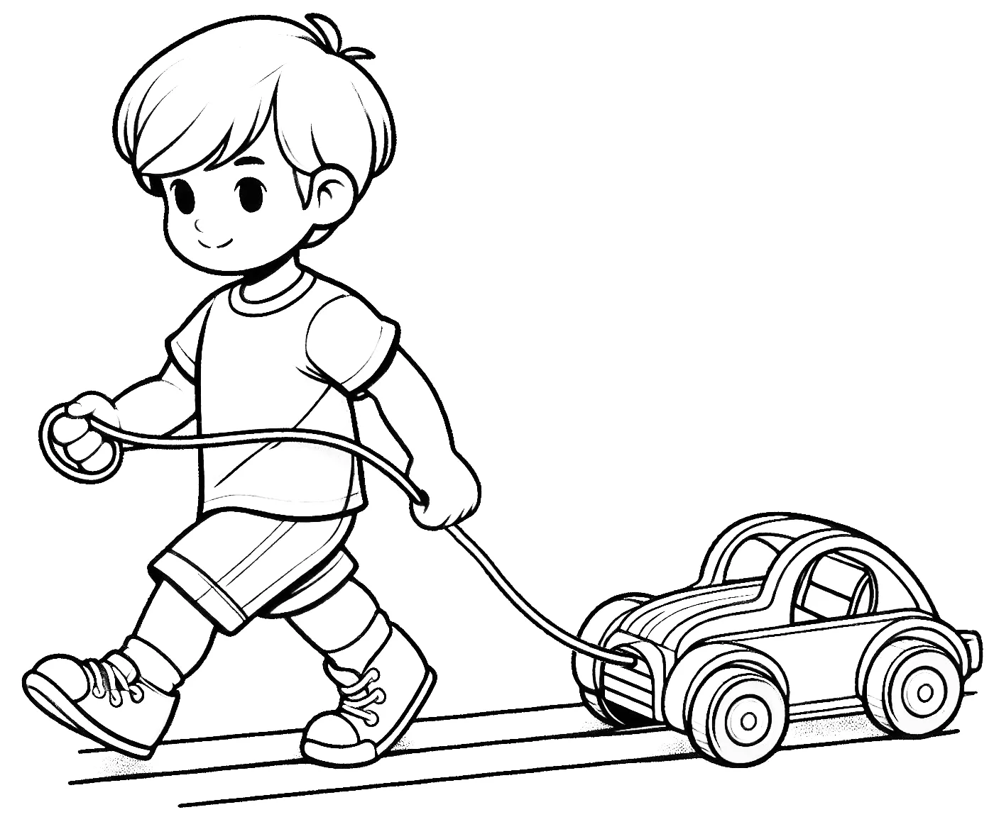 Boy Pulling a Wooden Toy Car 🧒🚗 Coloring Page