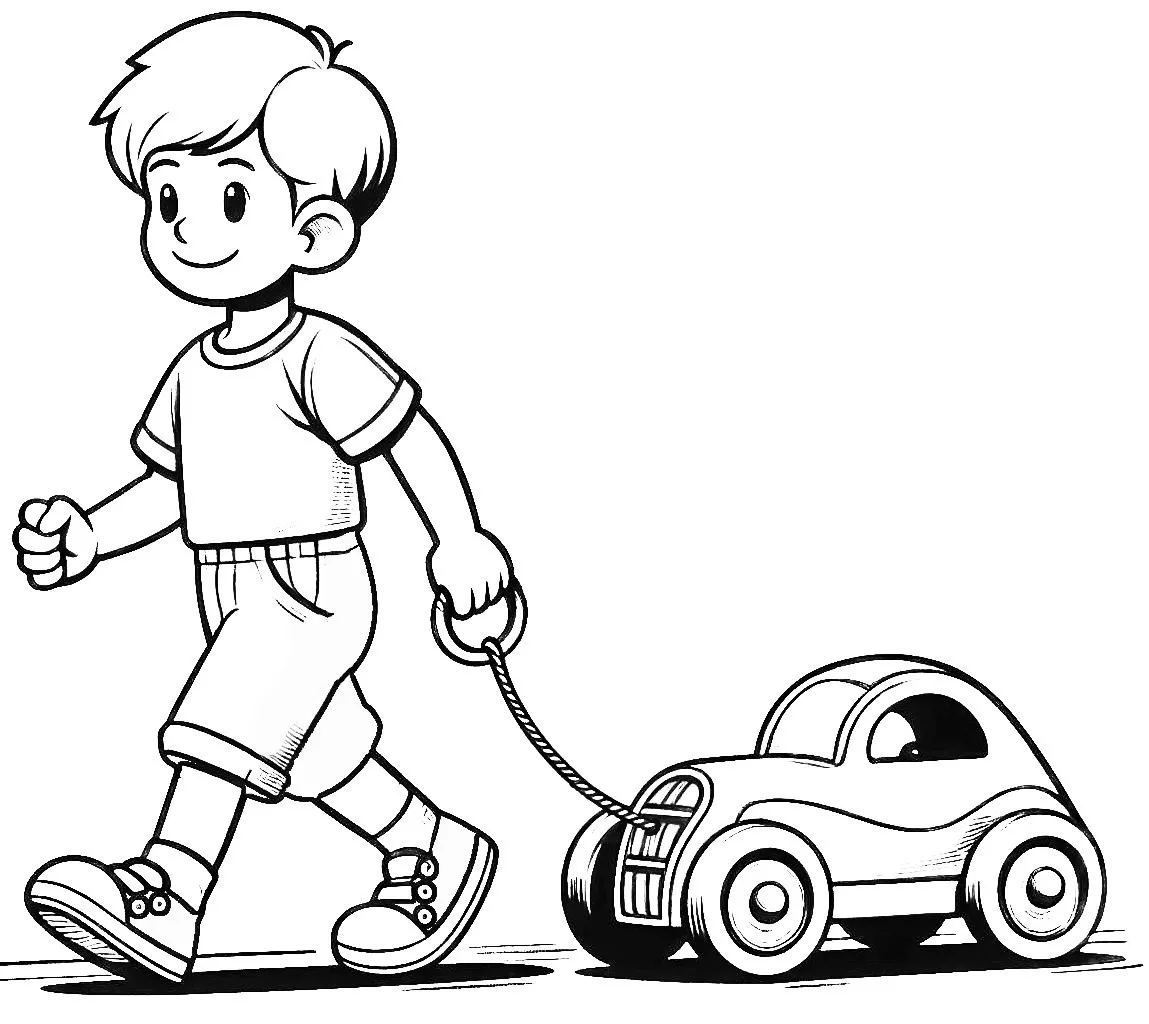 Boy Pulling Toy Car 🧒🚗 Coloring Page
