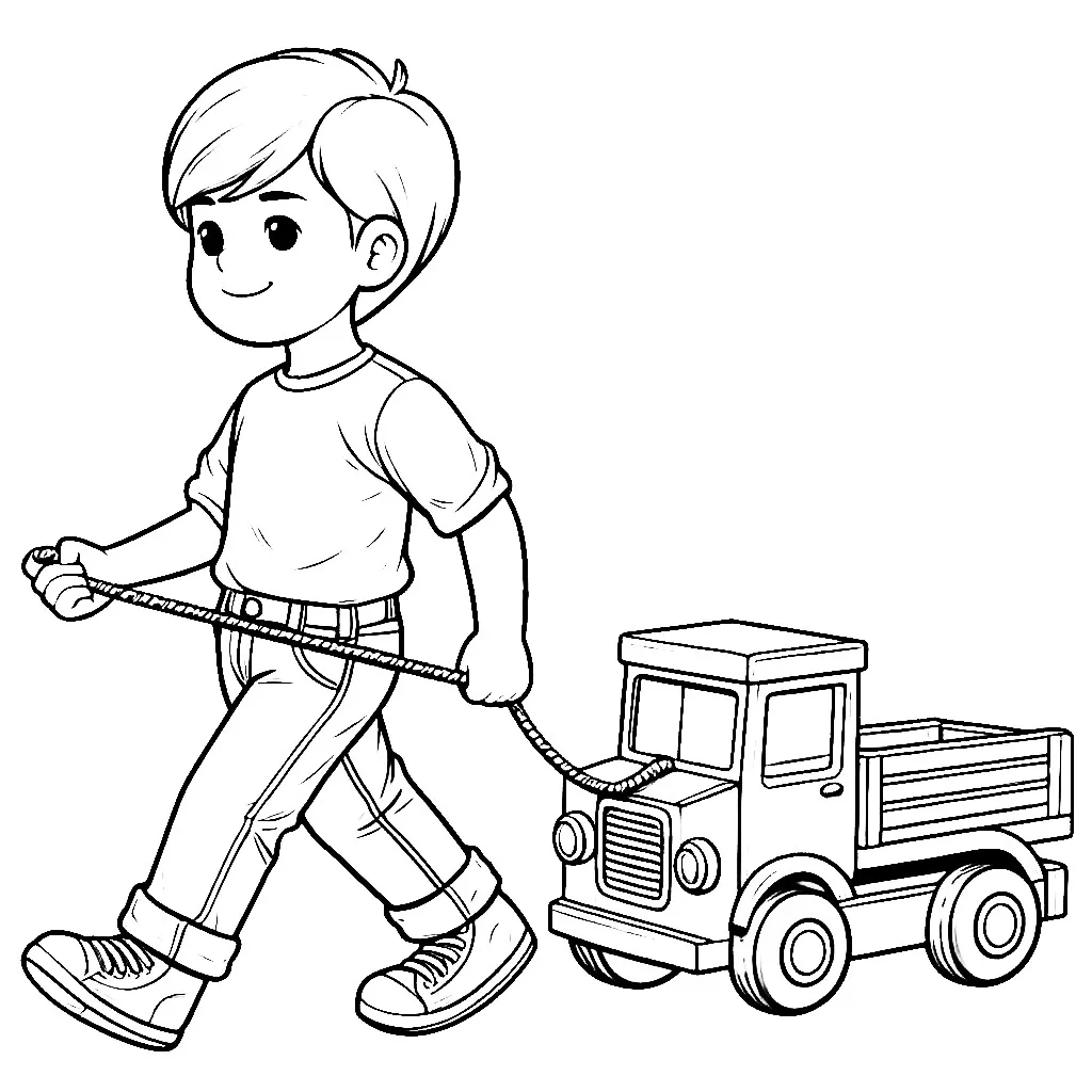 Boy Pulling a Wooden Toy Truck 🌳🧒🚚 Coloring Page