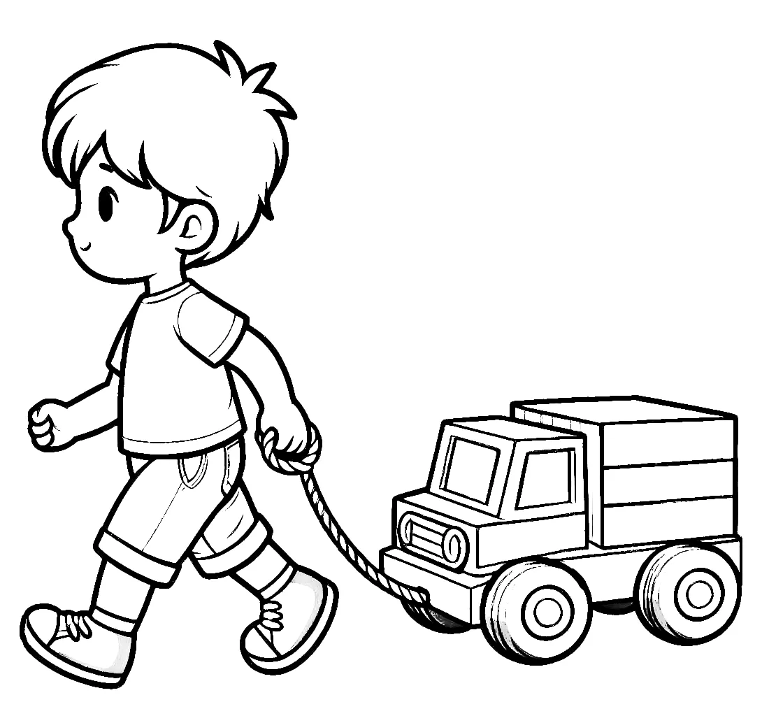 Boy Pulling a Wooden Toy Truck 🧒🚚 Coloring Page