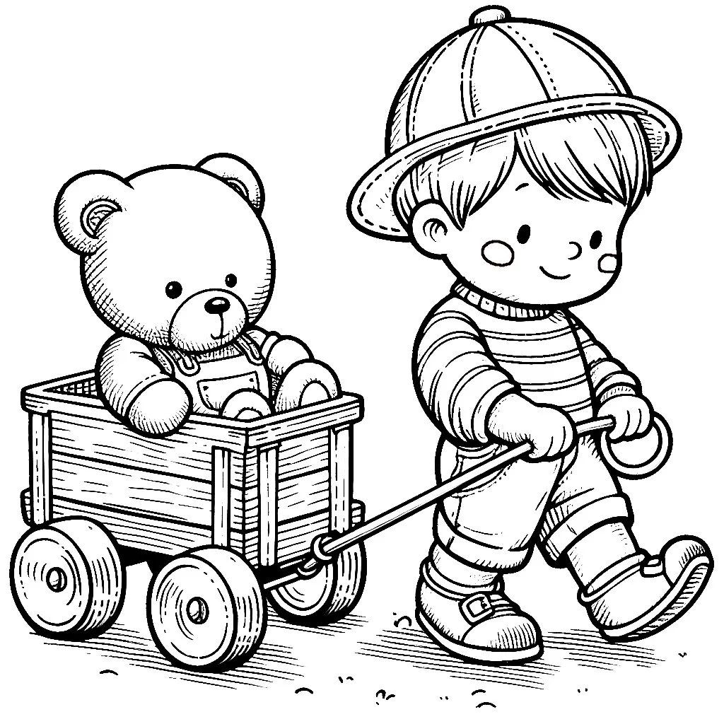 Boy Pulling Wooden Wagon with Teddy Bear 🧸🚂🎩 Coloring Page