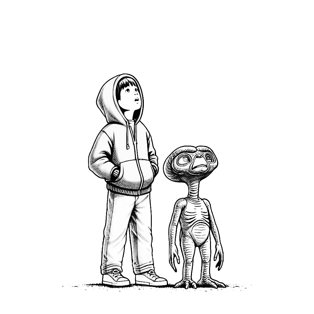 Boy Standing Next to E.T. the Extra-Terrestrial Looking Up at the Sky 🌠👦👽 Coloring Page