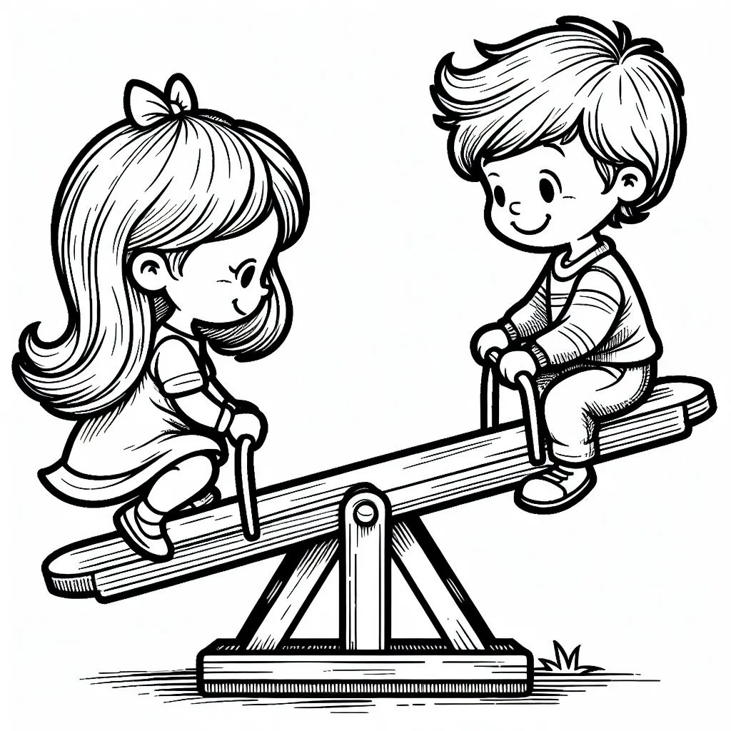 Boy and Girl on Seesaw Playing 👦👧🤸‍♂️ Coloring Page