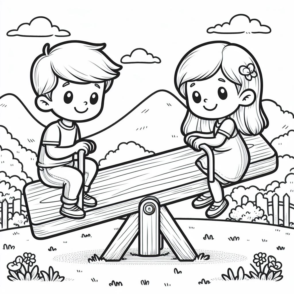 Boy and Girl on Seesaw Playing in Mountain Landscape 👦👧🤸‍♂️🏞️🏔️ Coloring Page