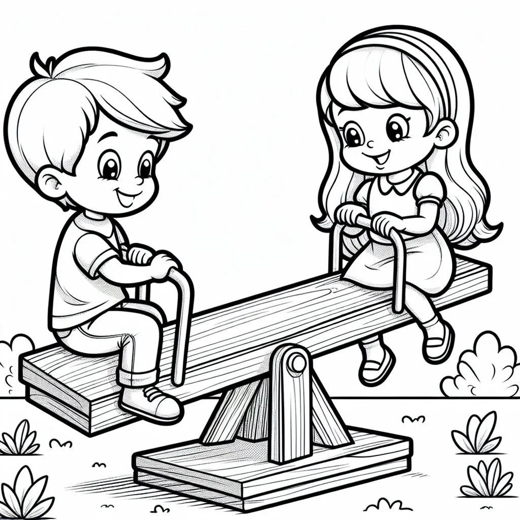 Boy and Girl on Seesaw Playing at Playground 👦👧🤸‍♂️🏞️ Coloring Page