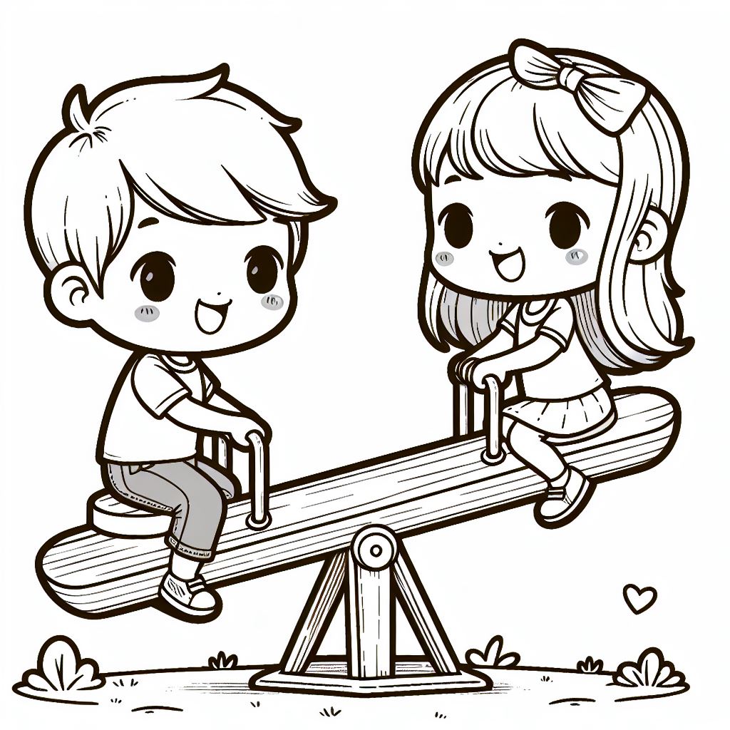 Boy and Girl on Seesaw Playing at the Playground 👦👧🤸‍♂️🏞️ Coloring Page