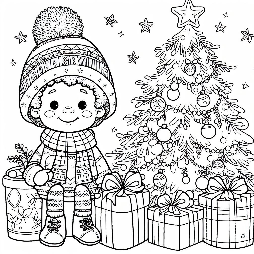 A Boy next to a Chrimstas Tree with Presents 👦🎄🎁 Coloring Page
