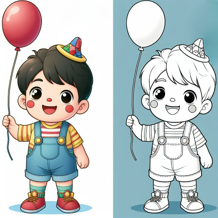 Boy Dressed as a Clown with a Red Balloon 👦🤡🎈 Coloring Page
