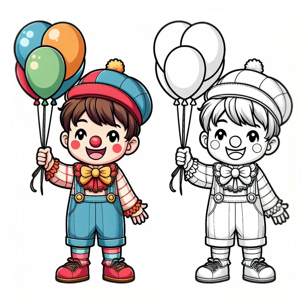 Boy Dressed as a Clown with a Red Balloon 👦🤡🎈 Coloring Page