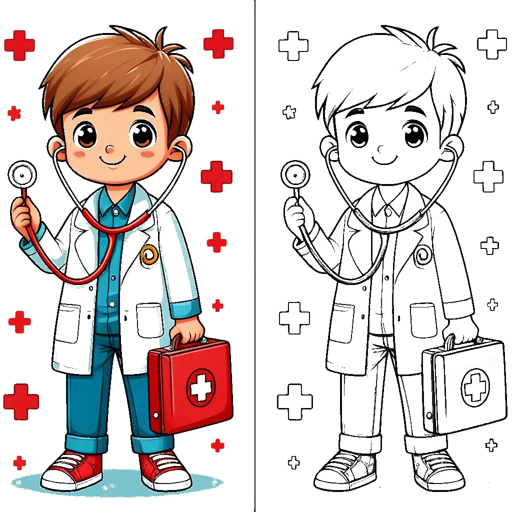 Boy Dressed as a Doctor with Stethoscope and Suitcase 👦👨‍⚕️🧳 Coloring Page