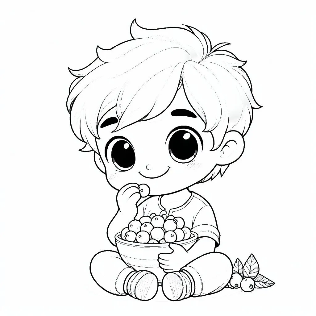 Boy Eating Blueberries 🧒 Coloring Page