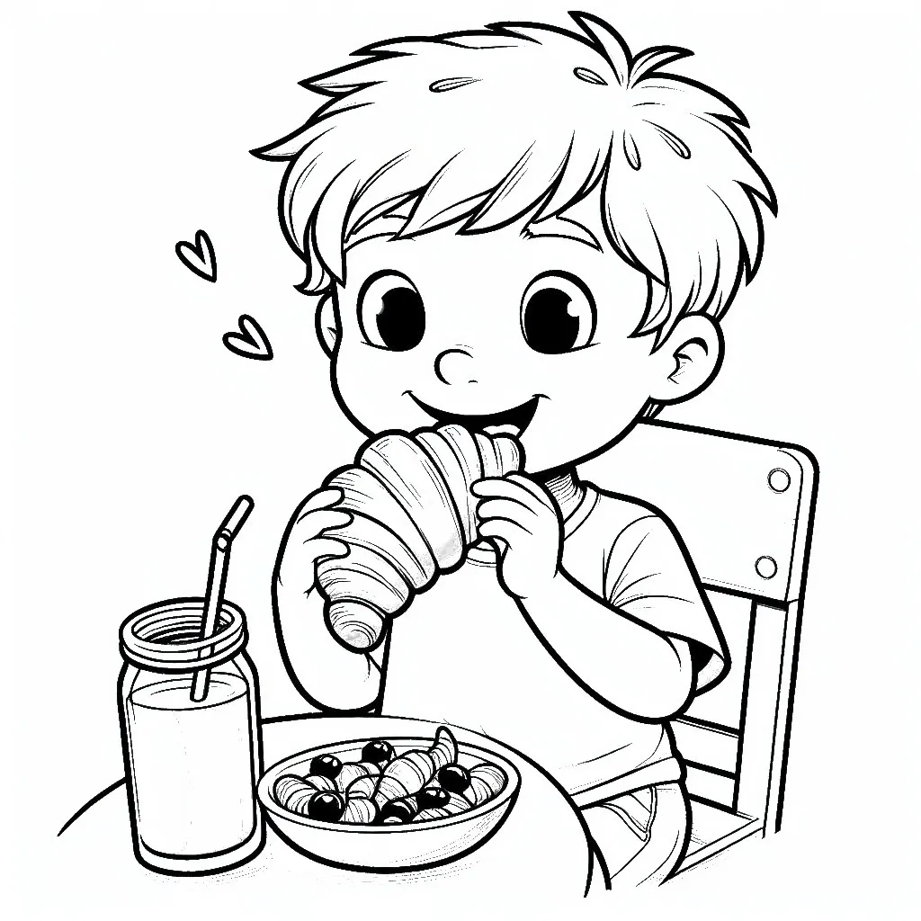 Boy Eating Croissant 👦🥐 Coloring Page
