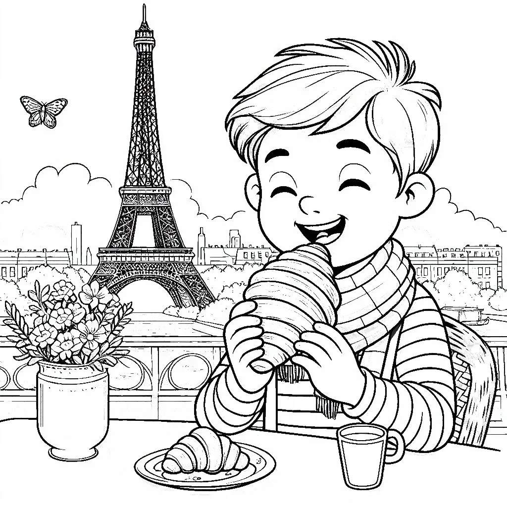 Boy Eating Croissant in Paris with Eiffel Tower 👦🥐🗼 Coloring Page