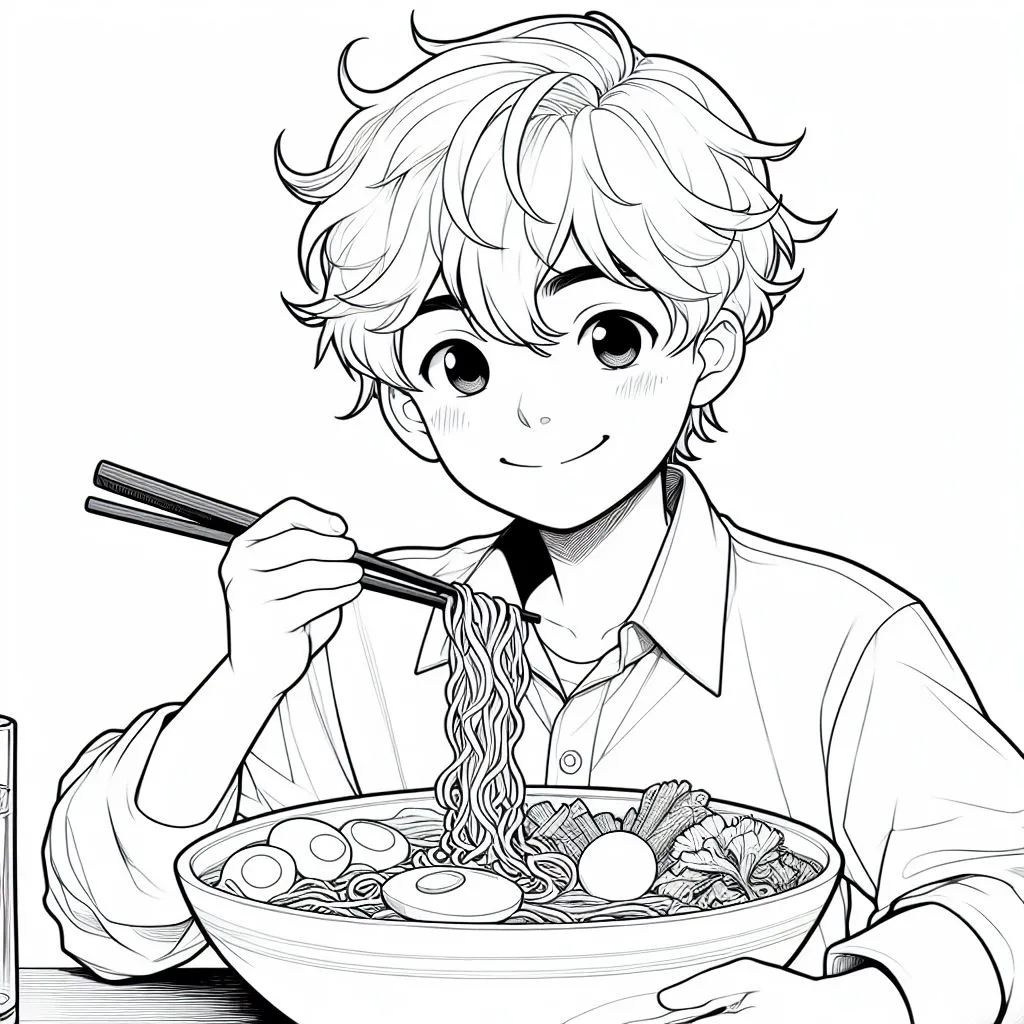 Boy Eating Asian Noodles 🍜👦 Coloring Page