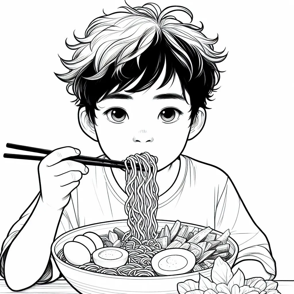 Boy Eating Asian Noodles 🍜👦 Coloring Page