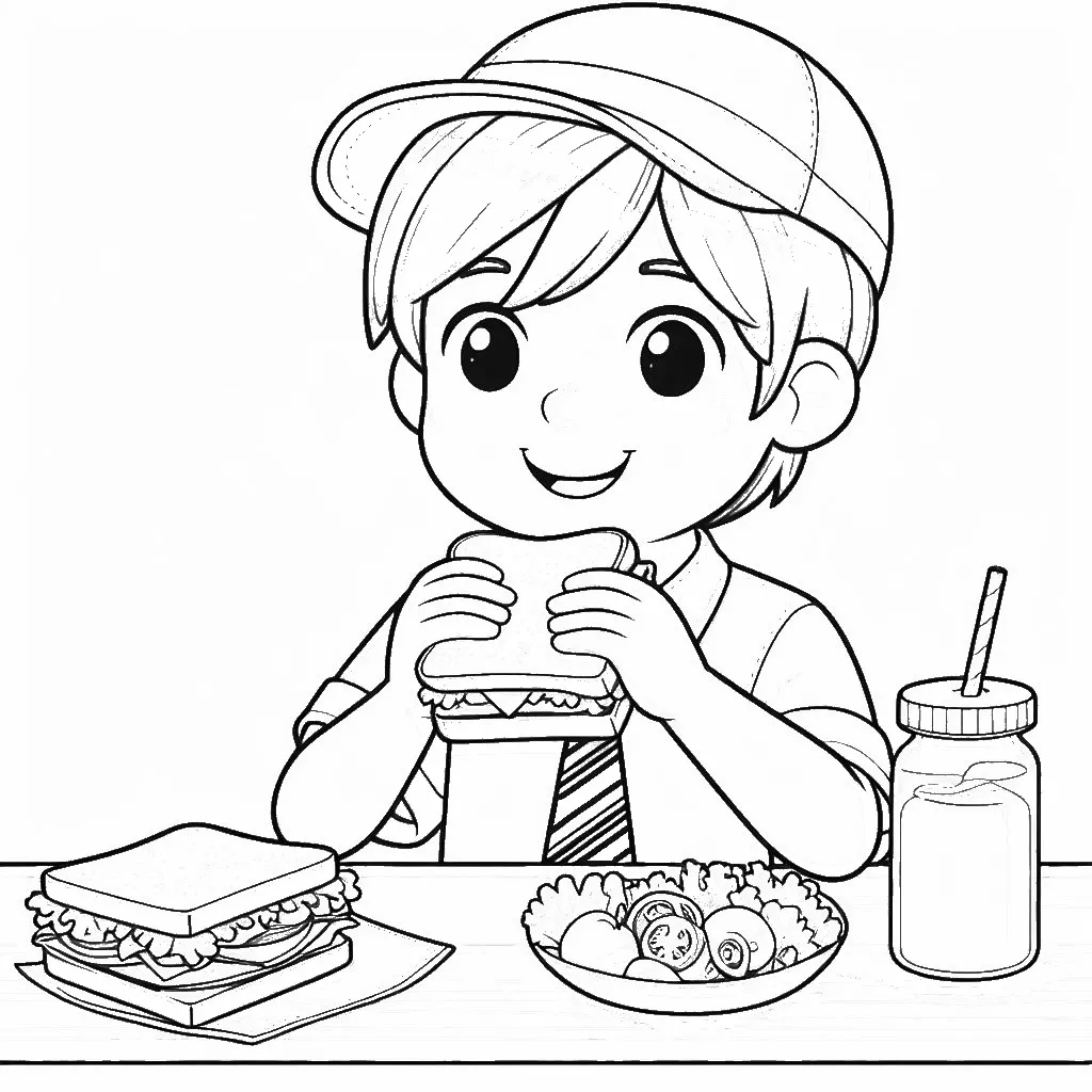Boy Eating Sandwich 👦🥪 Coloring Page