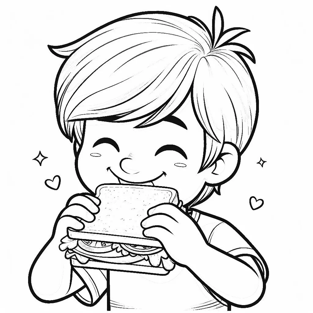 Cute Boy Eating Sandwich 👦🥪 Coloring Page