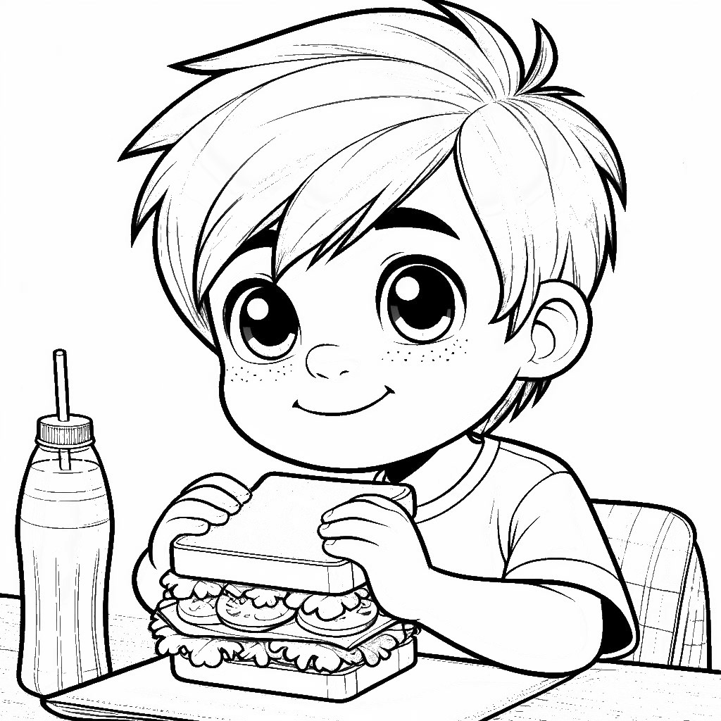 Boy Eating Sandwich 👦🥪 Coloring Page