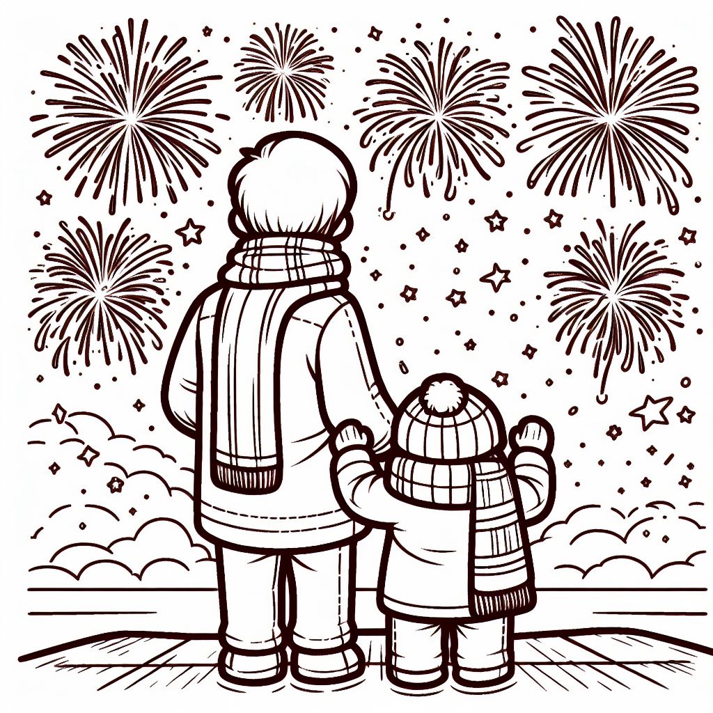 Boy Looking with Father at Fireworks 👦👨‍👦🎇 Coloring Page