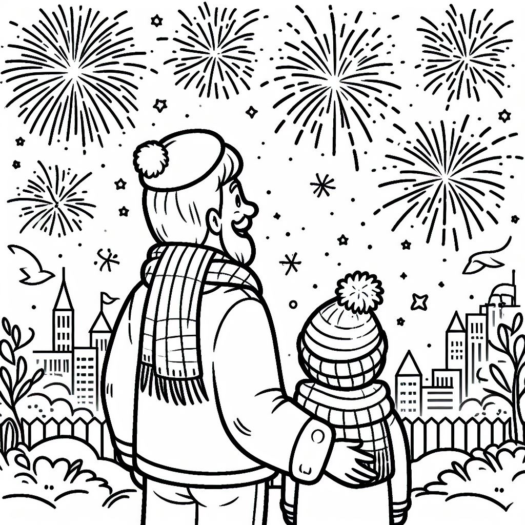 Boy Looking with Father at Fireworks 👦👨‍👦🎇 Coloring Page