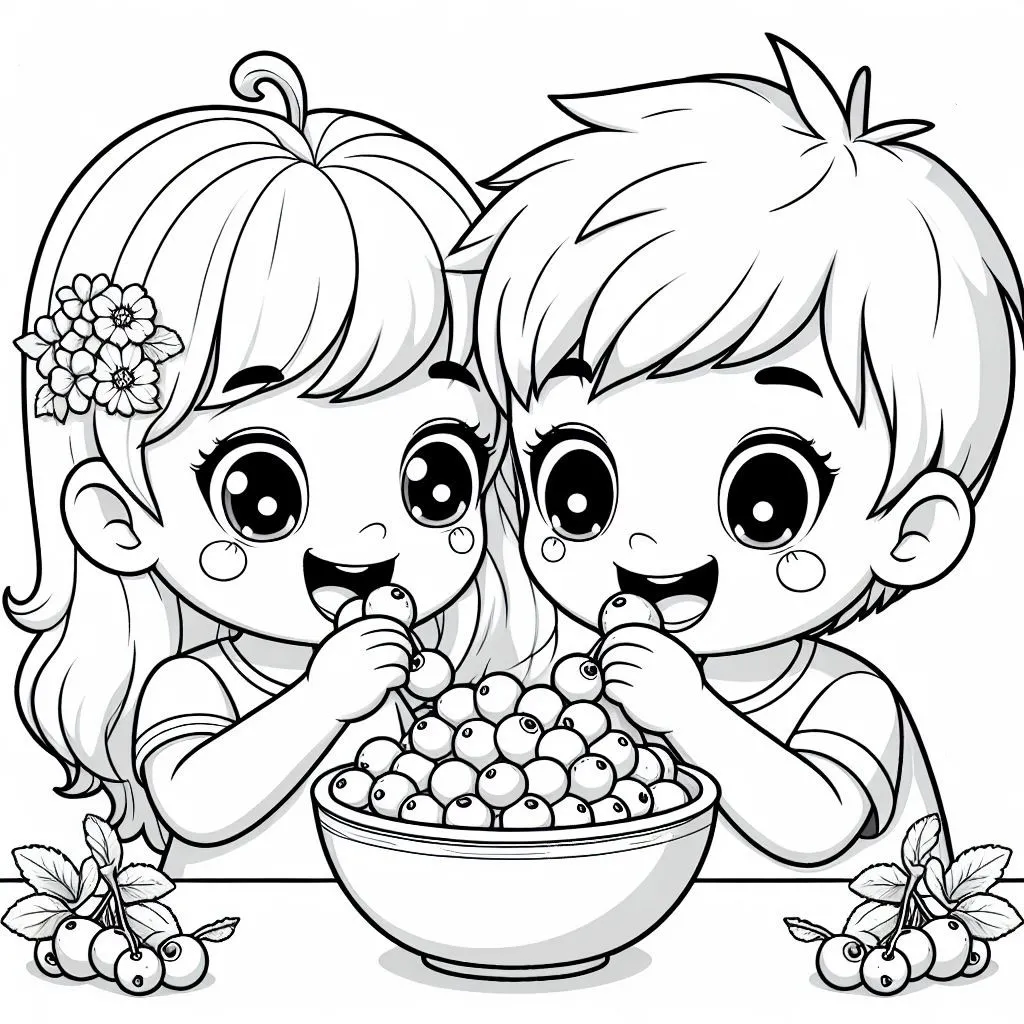Boy and Girl Sharing Blueberries 🧒👧 Coloring Page