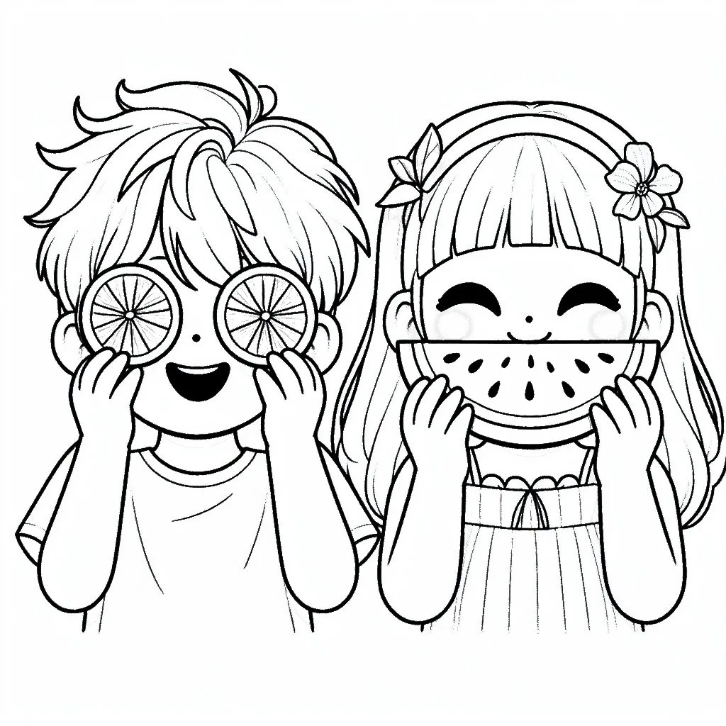 Boy Holding Orange Pieces in Front of Eyes, Girl Holding Watermelon in Front of Mouth 👦🍊👧🍉 Coloring Page