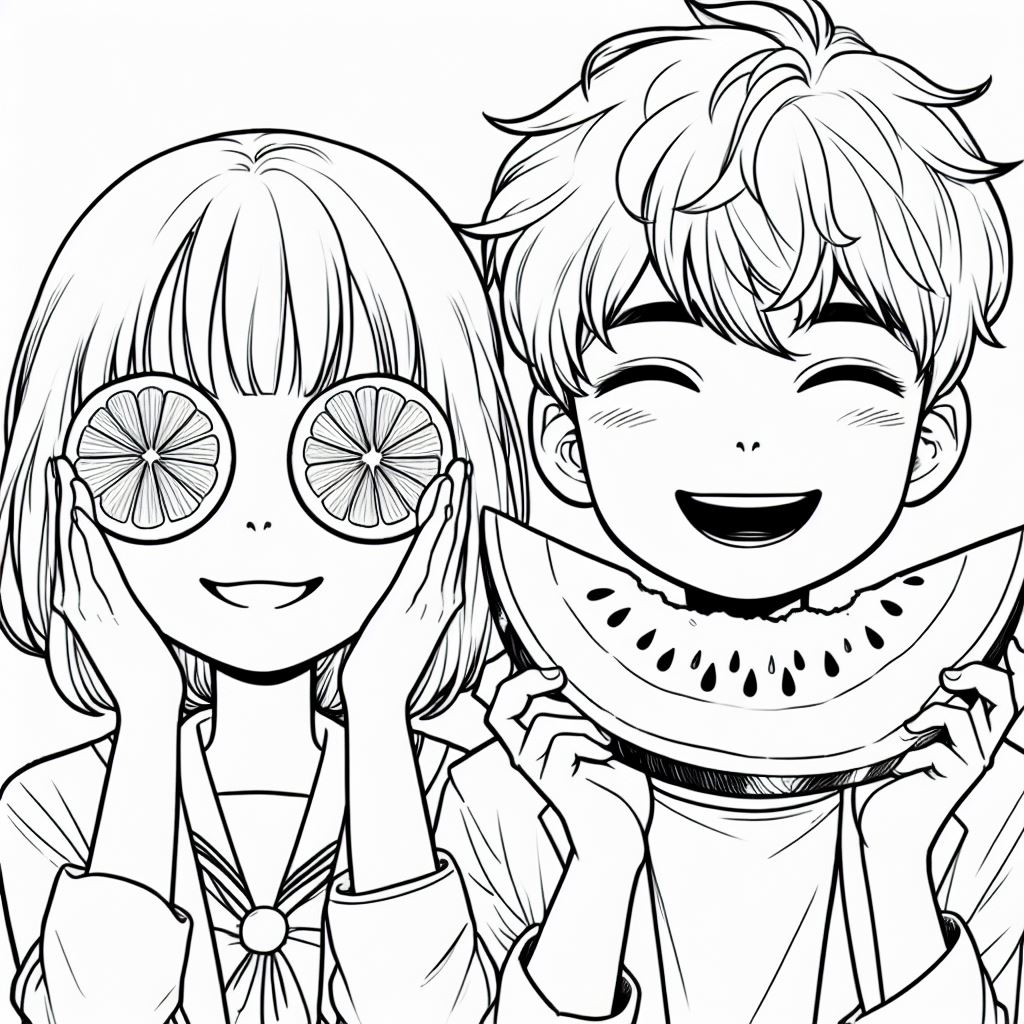 Boy Holding Watermelon Slice in Front of Mouth, Smiling Girl Holding Grape Bunch Behind Mouth 👦🍉😊👧🍇 Coloring Page
