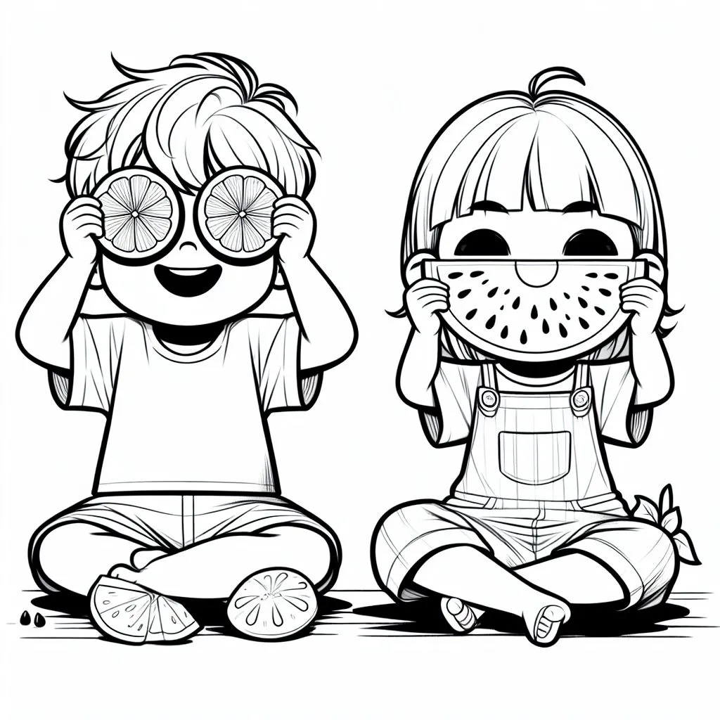 Boy Holding Orange Pieces in Front of Eyes, Girl Holding Banana in Front of Eyes 👦🍊👧🍌 Coloring Page