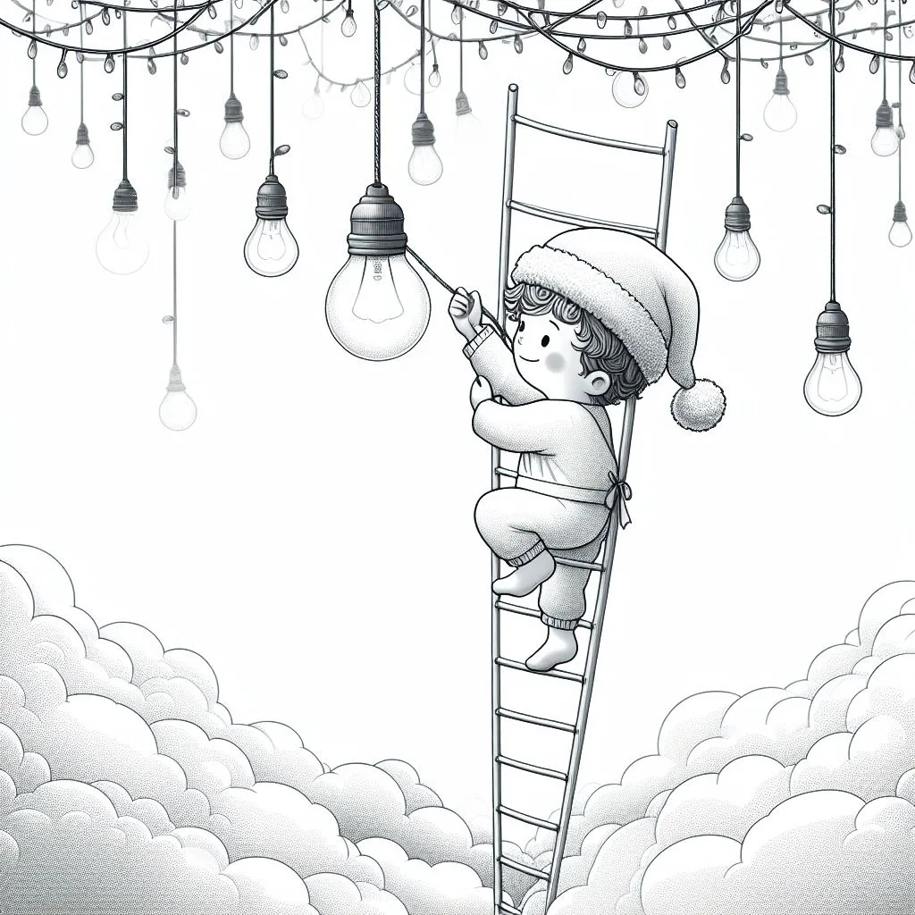 Boy Hanging Christmas Lights in the Sky 🌌👦🎄 Coloring Page
