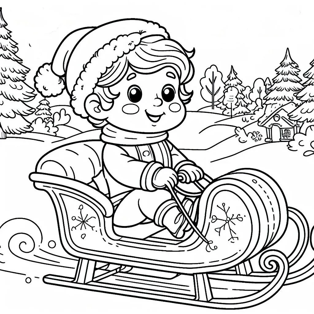 Boy on Sleigh in Winter Landscape 🛷🌨️ Coloring Page