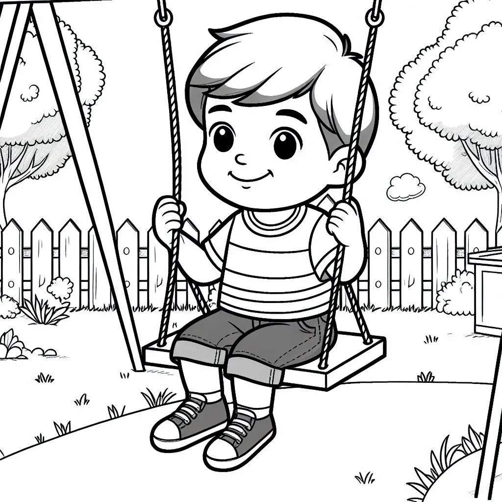 Boy on Swing at Playground in the Park 👦🏞️ Coloring Page