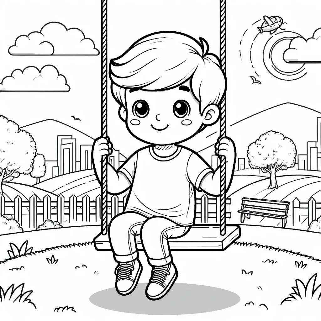 Boy on a Swing with Sun, Trees, Houses, and an Airplane Passing by 👦🏞️🌞🌳🏠🛩️ Coloring Page