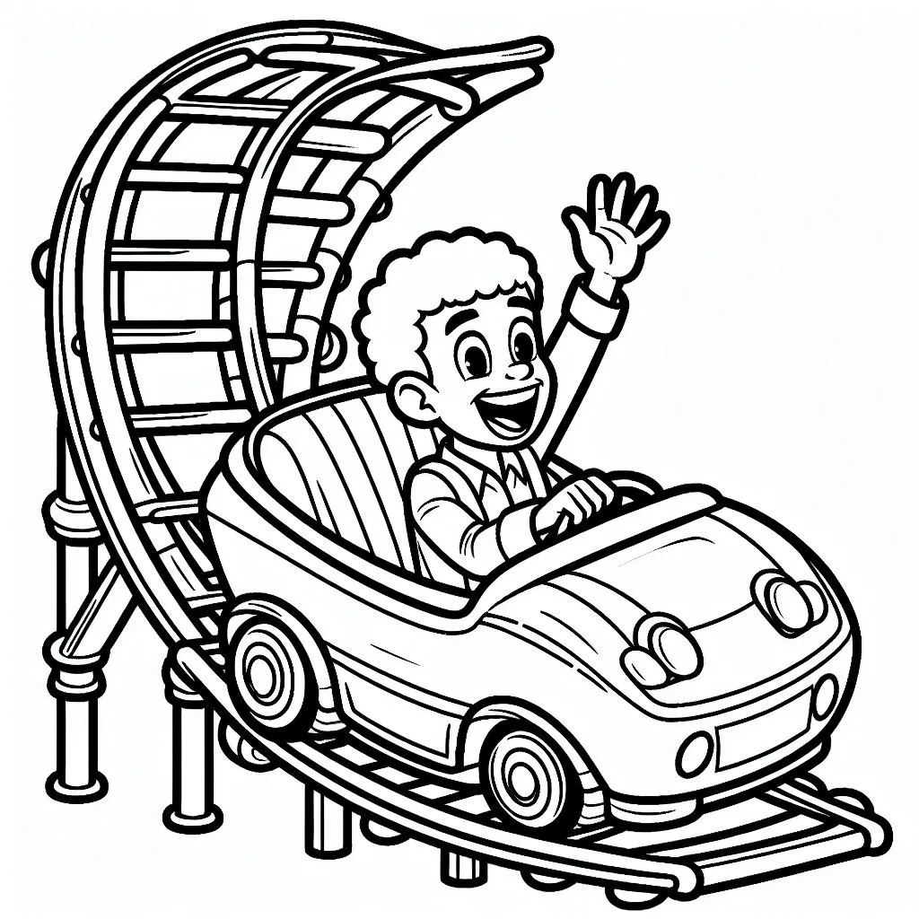 Boy in Rollercoaster Car Waving 👦🎢👋 Coloring Page